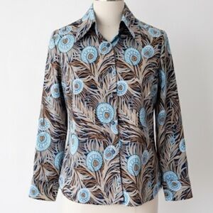 Vintage 60s 70s Mod Psychedelic Peacock Feather Button Up Blouse Brown Blue Sz M